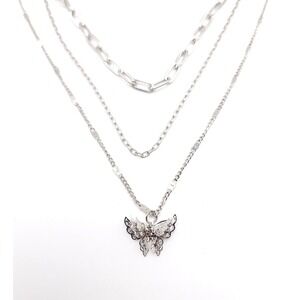 Silver Tone Butterfly Pendant Necklace Triple Chain Rhinestone